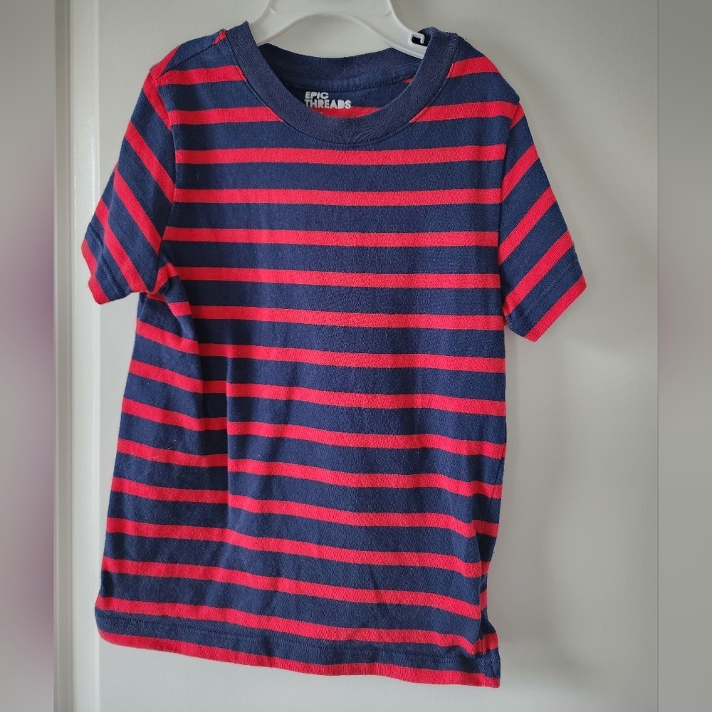 Epic Threads Boys Navy Blue Red Striped Short Sleeve Crew Neck T-Shirt Size 5